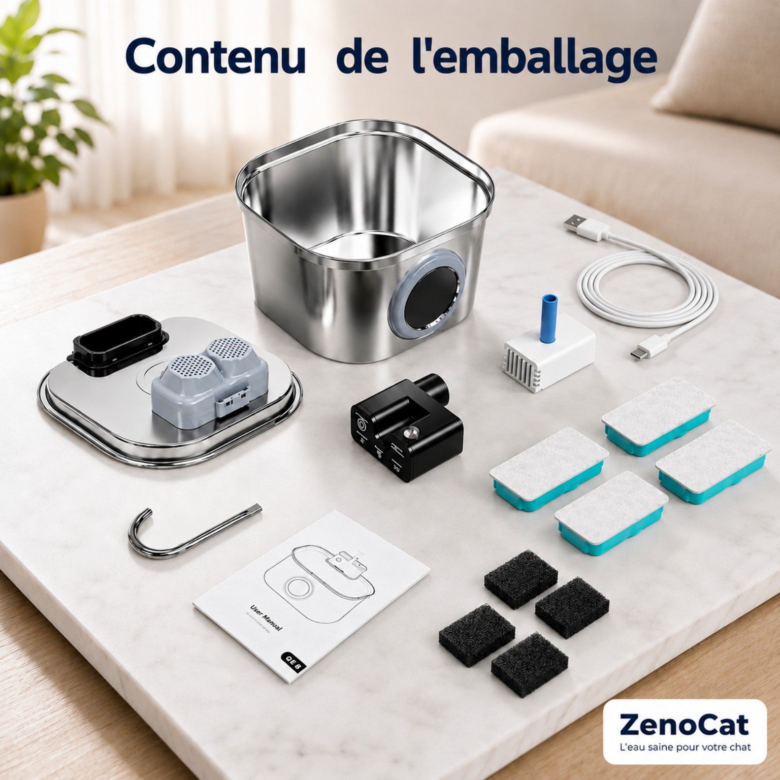 Fontaine à eau sans fil pour chat en inox 304 - 3,2L | ZenoCat