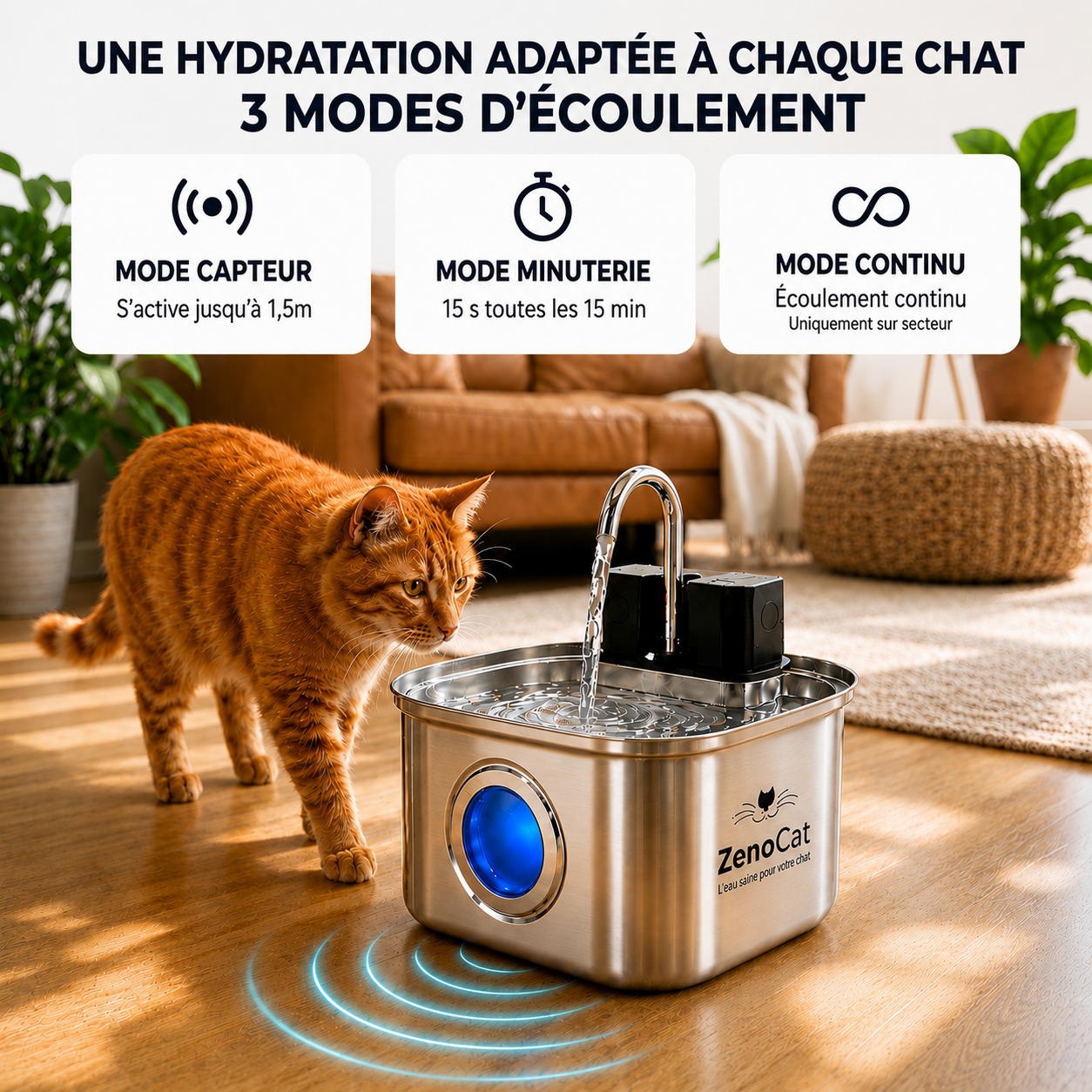 Fontaine à eau sans fil pour chat en inox 304 - 3,2L | ZenoCat
