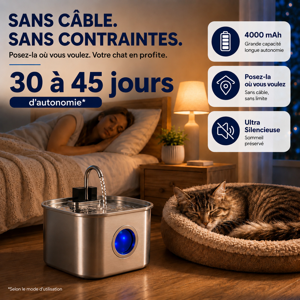 Fontaine à eau sans fil pour chat en inox 304 - 3,2L | ZenoCat