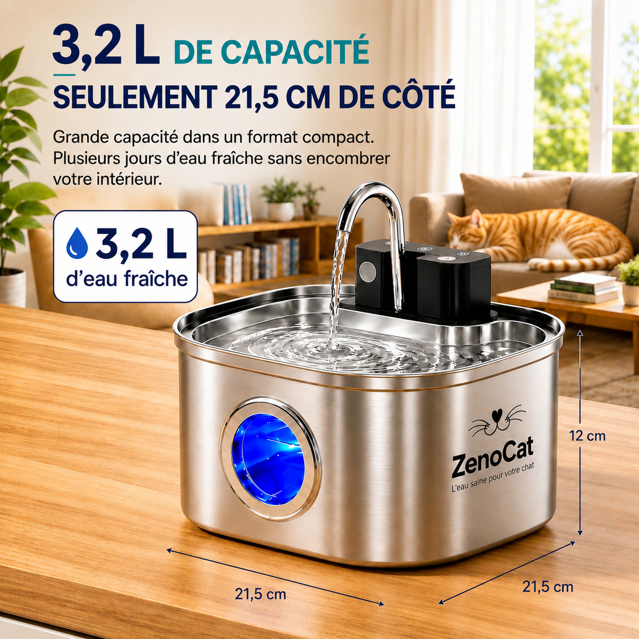 Fontaine à eau sans fil pour chat en inox 304 - 3,2L | ZenoCat