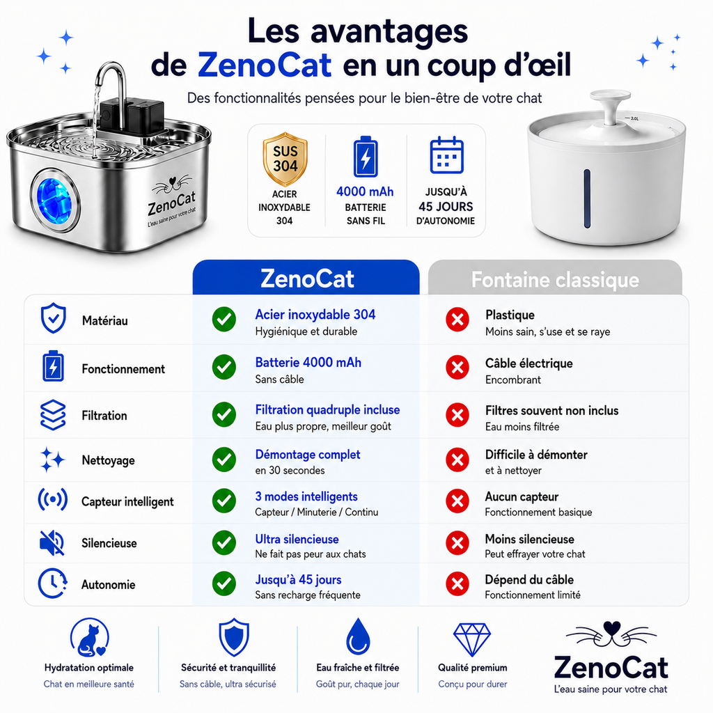 Fontaine à eau sans fil pour chat en inox 304 - 3,2L | ZenoCat