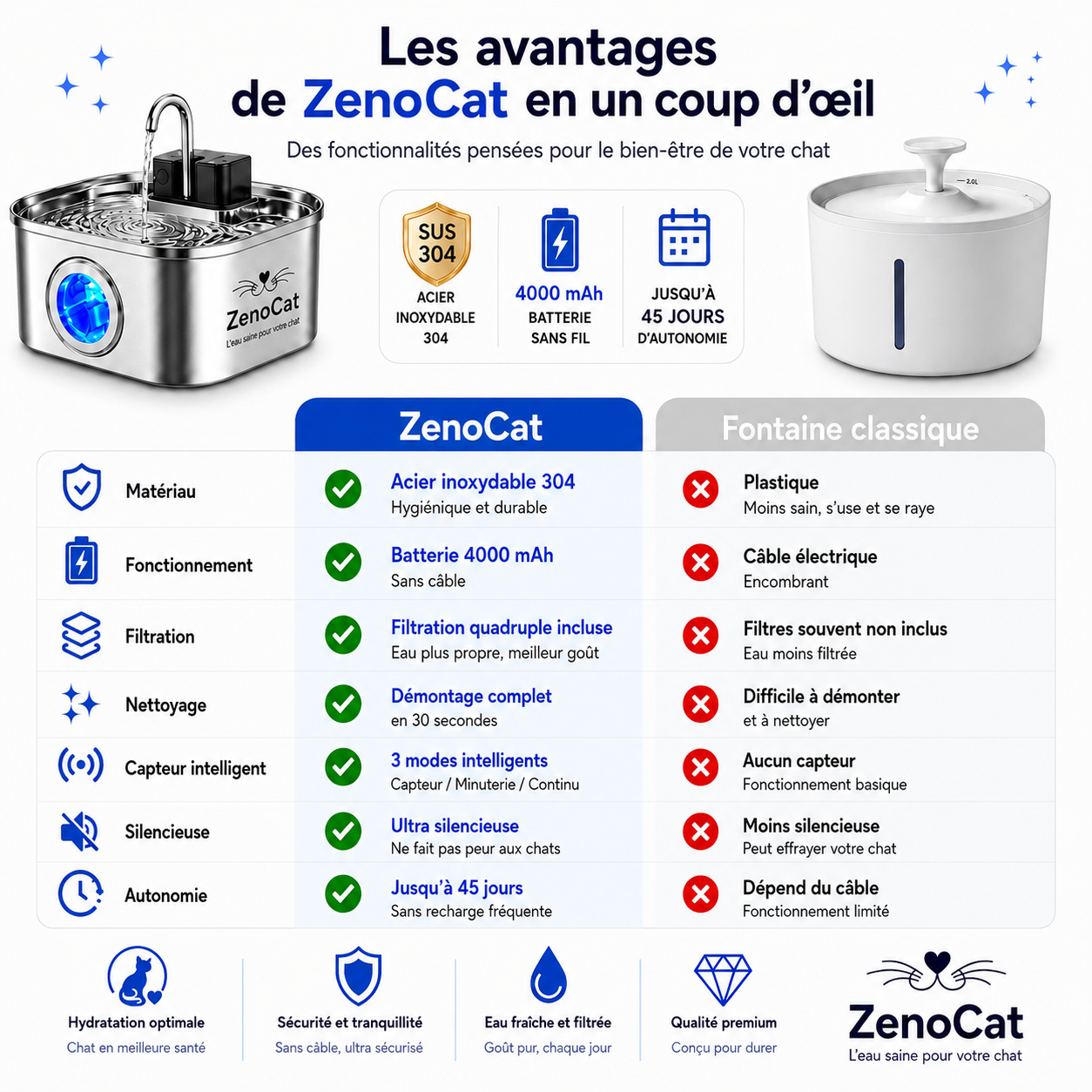 Fontaine à eau sans fil pour chat en inox 304 - 3,2L | ZenoCat